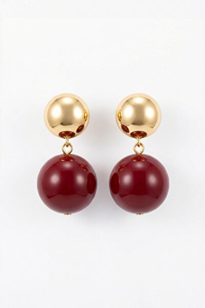 LYKOS Women's Gold Steel Pearl Detailed Burgundy Color Ball Earrings