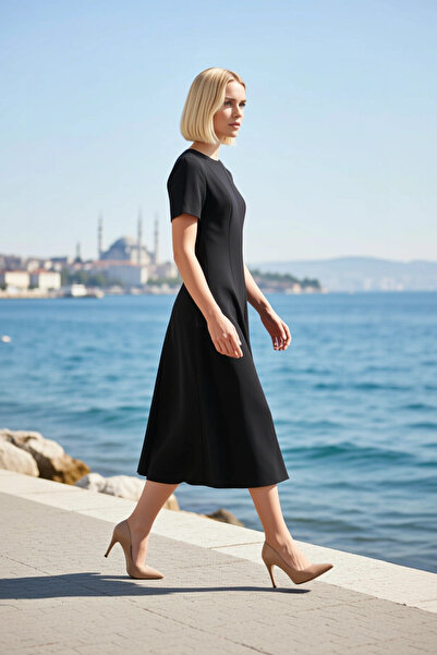 BENERLY Rochie midi de damă, cu decolteu tip crew, mânecă scurtă standard, mo...