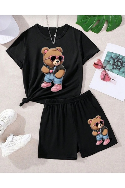 Kids Αρκουδάκι με γυαλιά και στάμπα για κορίτσια και αγόρια, μαύρο σετ μπλούζ...