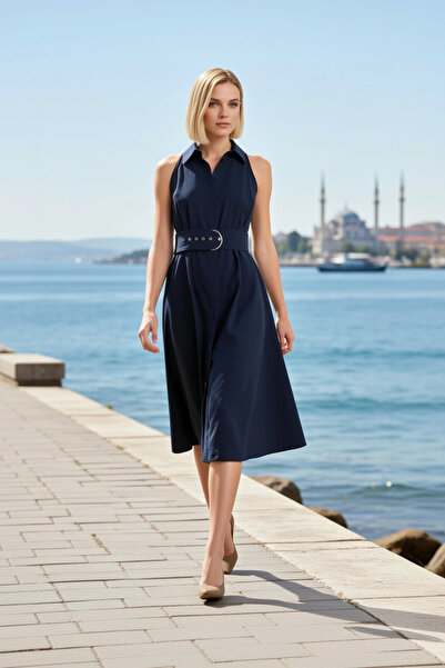 BENERLY Kadın Elbise Gömlek Kolsuz Yaka Midi Boy Astarsız Poplin Dokuma Düz K...