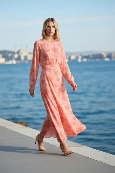 BENERLY Women's Maxi Dress A-Line Floral Crew Neck Long Sleeve Lined Woven Ch...