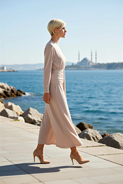 BENERLY Women Maxi Dress Bodycon Boat Neck Long Sleeve Knitted Sandy Fabric P...