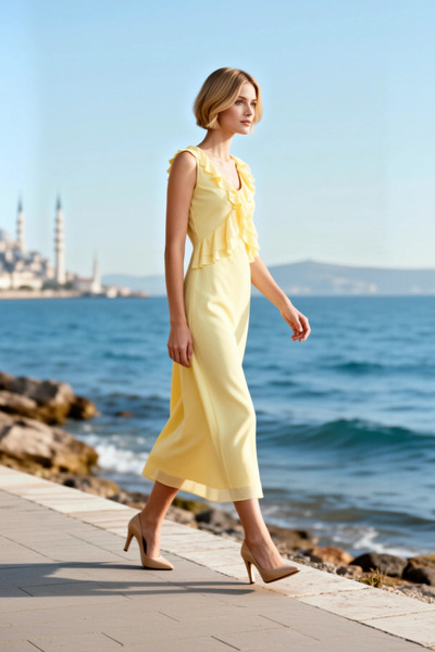 BENERLY Women's Midi Dress A-Line V-Neck Sleeveless Flounce Ruffle Foam Knitt...