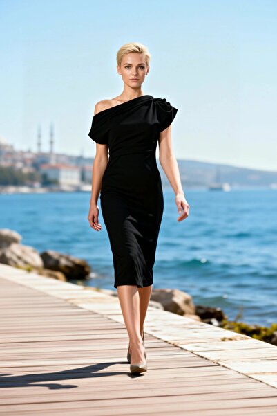 BENERLY Women's Midi Dress Asymmetrical Collar One Shoulder Short Sleeve Gath...