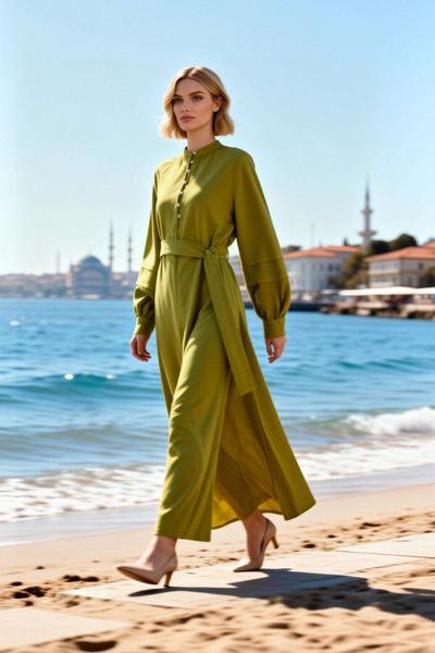 BENERLY Women's Maxi Dress Lapel Low Long Sleeve Belted Unlined Plain Woven B...