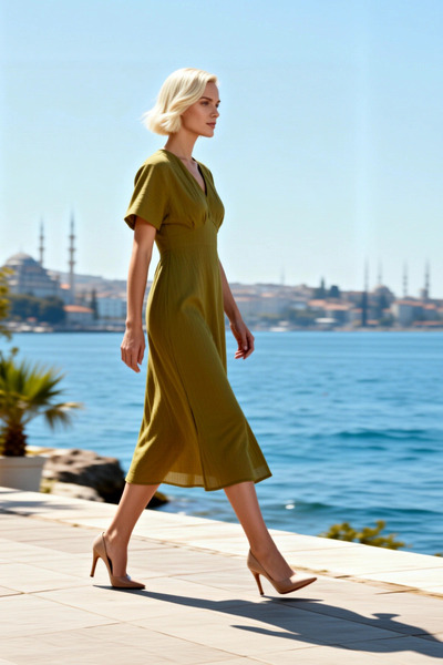 BENERLY Women's Plus Size Midi Dress Midi V-Neck Short Sleeve A-Line Crinkle ...