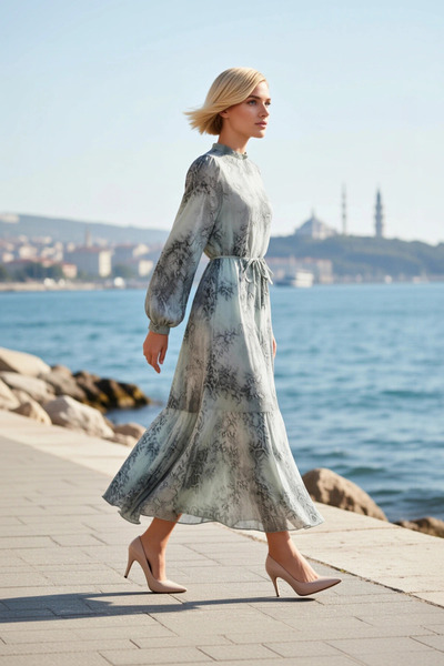 BENERLY Women's Dress Maxi A-Line V-Neck Long Standard Sleeve Chiffon Woven F...