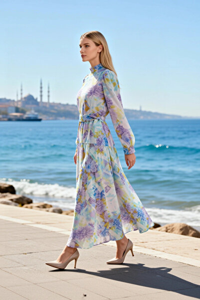 BENERLY Women's Maxi Dress Lined Belted Floral Crew Neck Long Sleeve Chiffon ...