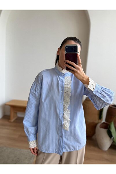 ALVOR Guipure Detailed Striped Poplin Design Shirt