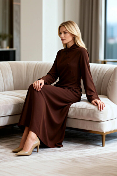 BENERLY Women's Maxi Dress A-Line High Neck Long Flared Sleeves Plain Pattern...