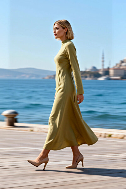 BENERLY Women's Dress Maxi Skater Crew Neck Long Sleeve Woven Fabric Textured...