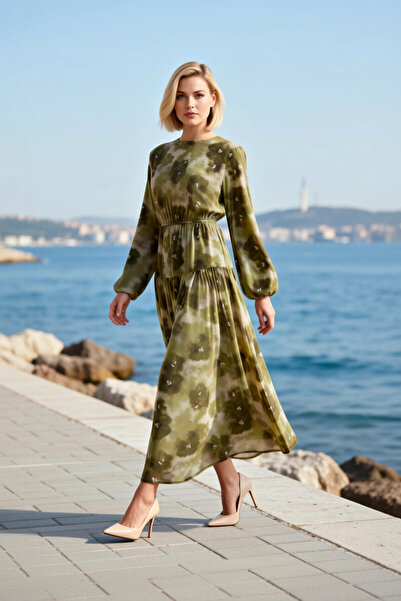 BENERLY Women's Maxi Dress A-Line Crew Neck Long Sleeve Floral Pattern Chiffo...