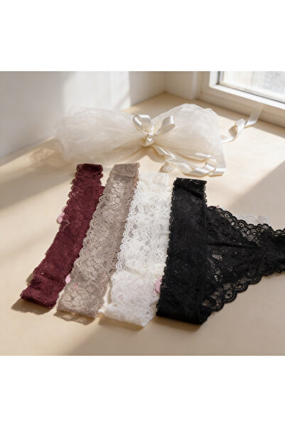 POKUT Kadın 4'lü Tam Dantelli Tanga Seti (Siyah, Beyaz, Bordo, Vizon)