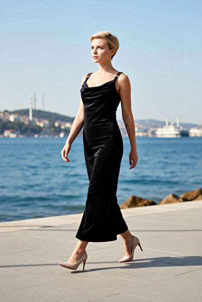 BENERLY Women's Maxi Dress with Degaje Collar, Sleeveless, Thin Straps, Knitt...