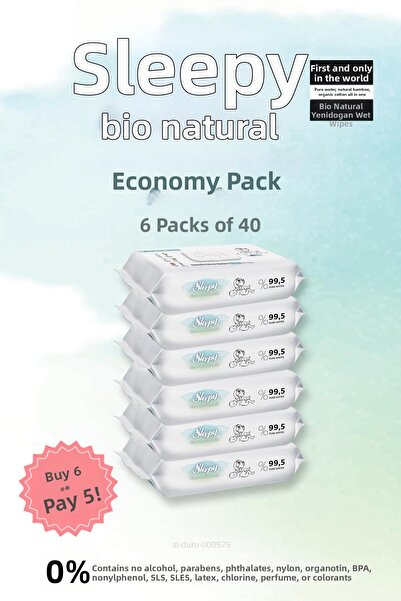 Sleepy مناشف مبللة بيو ناتشورال 40 قطعة، اشتري 6 وادفع 5 وقطن تنظيف للأطفال،