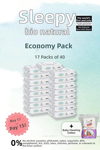 Sleepy مناشف مبللة بيو ناتشورال 40 عبوة، اشتري 17 وادفع 15 وقطن تنظيف للأطفال