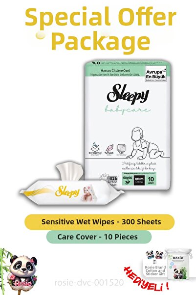 Sleepy 6 قطع مناديل مبللة للأطفال الحساسة 50 قطعة، غطاء أطفال 10 قطع وروزي