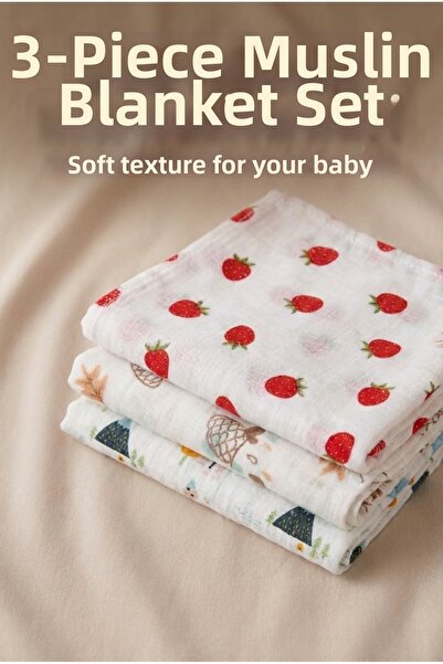 YUNUSOĞLU HOME 3-Piece Muslin Fabric Baby Blanket Modern Patterned Daily Use ...