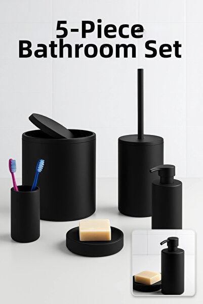 Eco Lounge طقم حمام أسود مكون من 5 قطع - سلة مهملات، فرشاة مرحاض، حامل صابون ...