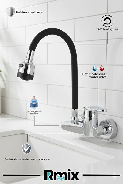rmix Black Chrome 2 Function Swivel Spout through Wall Kitchen Faucet Fountai...