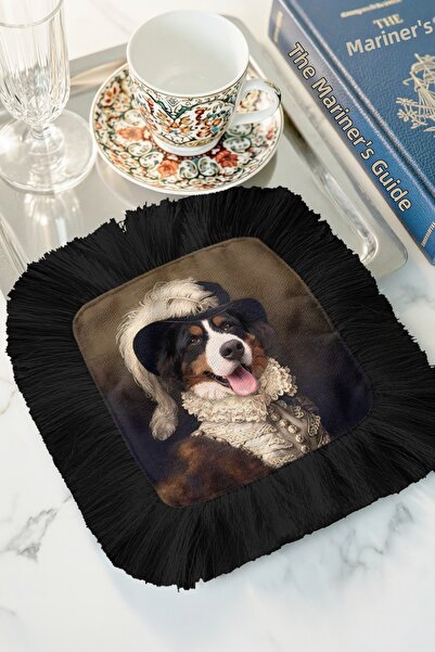Evimde Bambaşka Asil Portrait Dog Fringed Cocktail Napkin - Palace-Themed Bar...