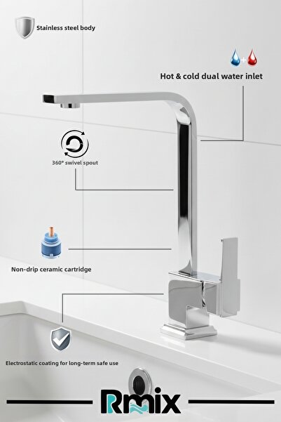 rmix Luxury Square Double Water Inlet Kitchen Faucet Tap Fountain Mixer