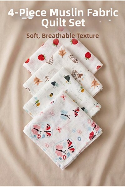 YUNUSOĞLU HOME 4-Piece Muslin Fabric Baby Blanket 80X90 cm Mixed Patterned Da...
