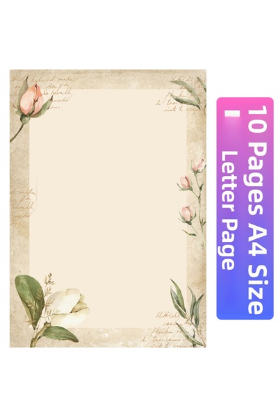 Organik Yolda ورق رسائل بيج مع تفاصيل وردة بيضاء (10 قطع بحجم A4)