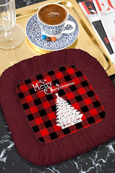 Evimde Bambaşka Mosaic Christmas Themed Tasseled Presentation Napkin - Pine T...