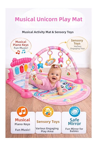 hak-iş oyuncak سجادة لعب للأطفال بتصميم وحيد القرن مع بيانو - للأعمار من 0+ أ...