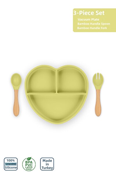 Moki Silicone Feeding Set 3-Piece Pond Green / Food Plate, Bamboo Handle Food...