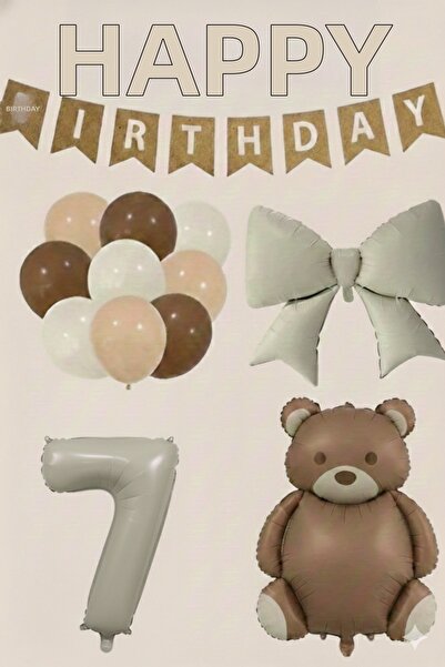 Çemrek Süs Parti Kraft Happy Birthday Lettering Foil Bear Balloon and Bow Bal...