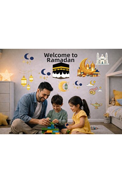 cyatelier ملصق جداري ترحيبي بمناسبة رمضان، زخارف رمضان على شكل الكعبة والهلال...