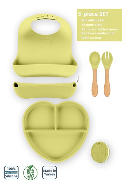 Moki Silicone Set of 5 Pond Green / Baby Bib, Food Plate, Spoon, Fork, Teether