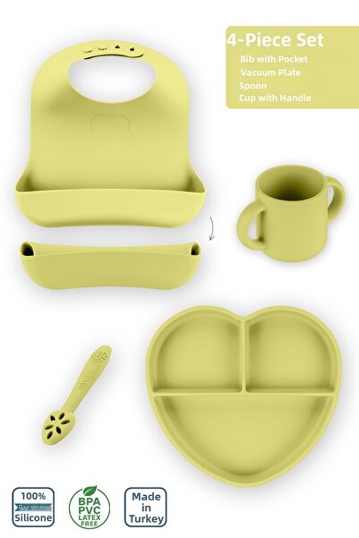 Moki Silicone Feeding Set 4-Piece Pond Green / Baby Bib, Feeding Plate, Feedi...