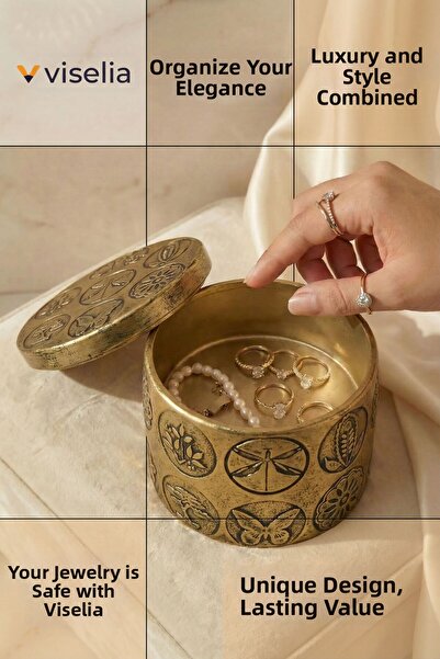 Viselia صندوق مجوهرات ذهبي عتيق - منظم بغطاء موديل 9