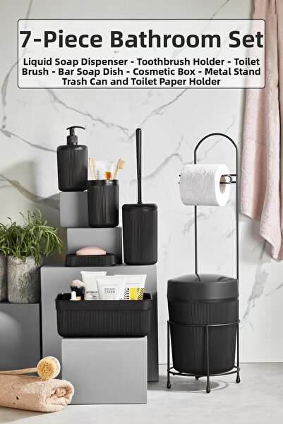 Depa طقم حمام أسود مكون من 7 قطع مع حامل معدني وحامل ورق للمرحاض وصندوق مستحض...