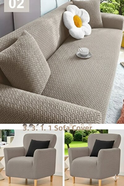 Hazineci Bey Brick Pattern 3 3 1 1 Sofa Cover, Elastic, Non-Slip, Sofa Bed, S...