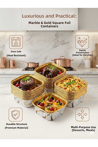 LOVYCO وعاء ألومنيوم مربع الشكل بنقش رخامي ذهبي - مقاوم للحرارة ومناسب للفرن ...