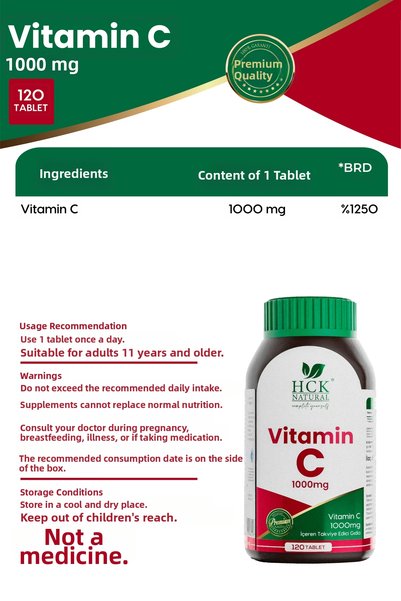 HCK NATURAL Vitamin C 1000 Mg 120 Tablets Food Supplement
