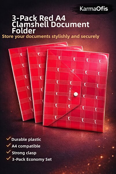 KarmaOfis 3-Pack Red A4 Snap-Fastener Document Envelope File – Durable Plasti...