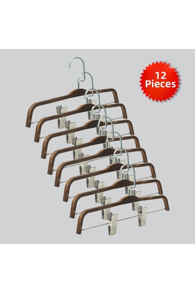 NYN Wooden 8178 (Silver Hooked Lama) Latched Skirt and Trouser Hangers 12 Pieces