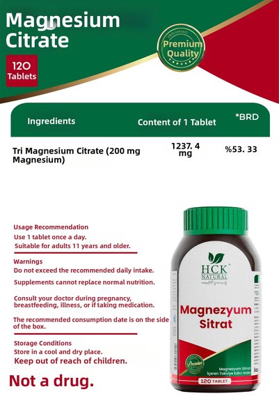 HCK NATURAL Magnesium Citrate 200 Mg 120 Tabs.