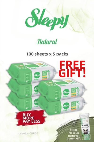 Sleepy 5 عبوات من مناشف العناية الشخصية الطبيعية 100 قطعة وروزي