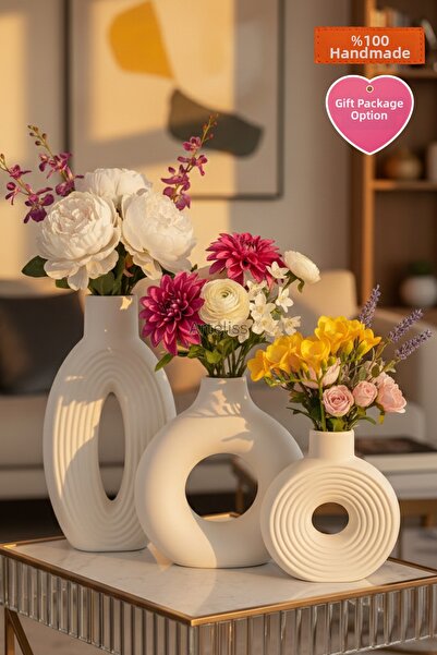 By Şirin Candle Triple Nordic Pampas Vase Set |   Modern White Decorative Design