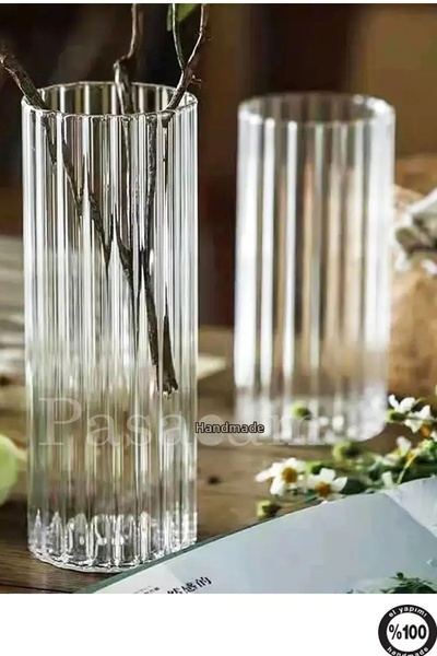 Paşa Cam Vază din sticlă cilindrică cu dungi optice Borosilicat 10 Cm Lățime ...