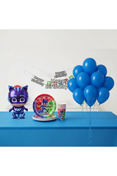 Umamiçe Pijamaskeli̇ler Party Set – 10 Blue Balloons + 8 Plates and Cups + Fo...