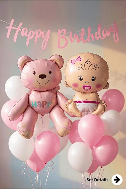 Bunloon Pink Concept Happy Birthday Banner Baby Bear Foil Balloon Set