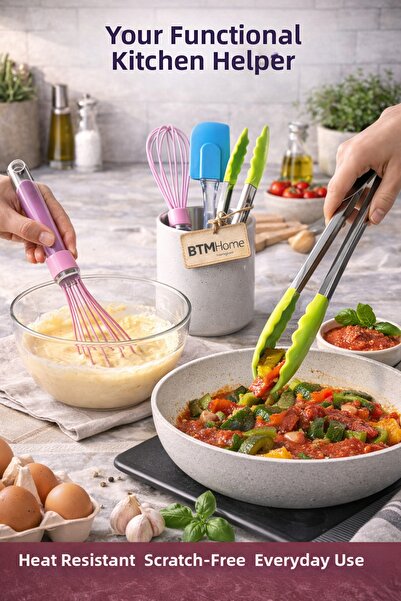 btm home 3-Piece Silicone Kitchen Utensil Set Tongs Spatula Whisk Heat Resistant