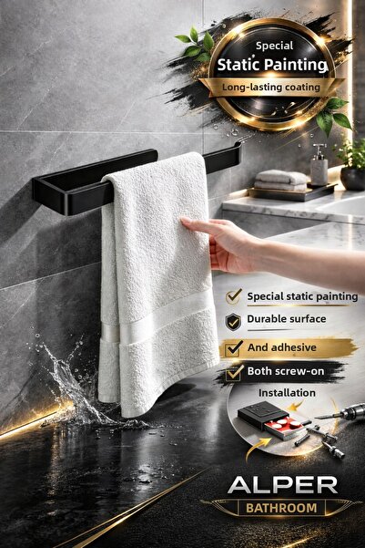 Alper Banyo Luxury Design Laminate Freestanding Towel Holder Black with Stron...